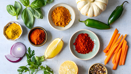 Fresh red chili powder and various healthy spices and herbs are arranged on a wooden board, ready for cooking a vibrant curry