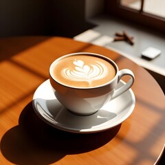 Obraz premium Perfectly Crafted Cappuccino with Latte Art in Sunlight on Wooden Table