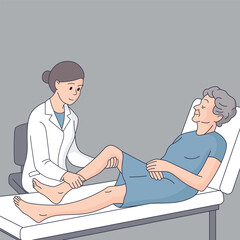 Illustration of a rheumatologist examining an elderly female patient's leg. Medical consultation in clinic. Flat style healthcare concept