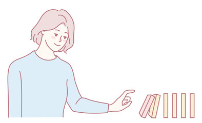 This artwork shows a dedicated person organizing books, symbolizing orderliness and deep focus on their task