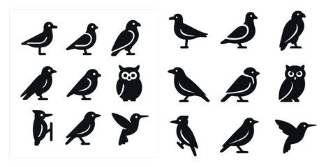 Birdwatching solid icons set – silhouette, filled, avian and wildlife symbols