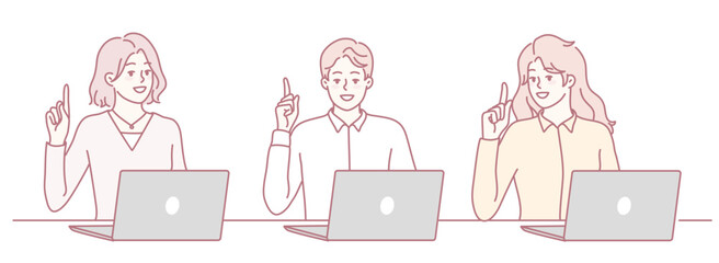 Three professionals discuss innovative ideas while working on their laptops in a minimalistic workspace