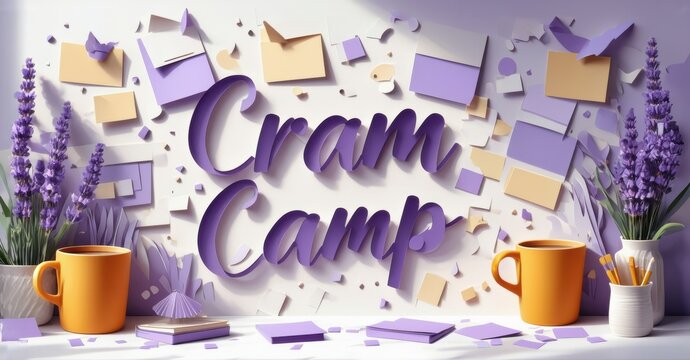 Colorful scene depicts study materials, mugs, lavender. Text reads Cram Camp. Bright, playful design suggests learning environment.