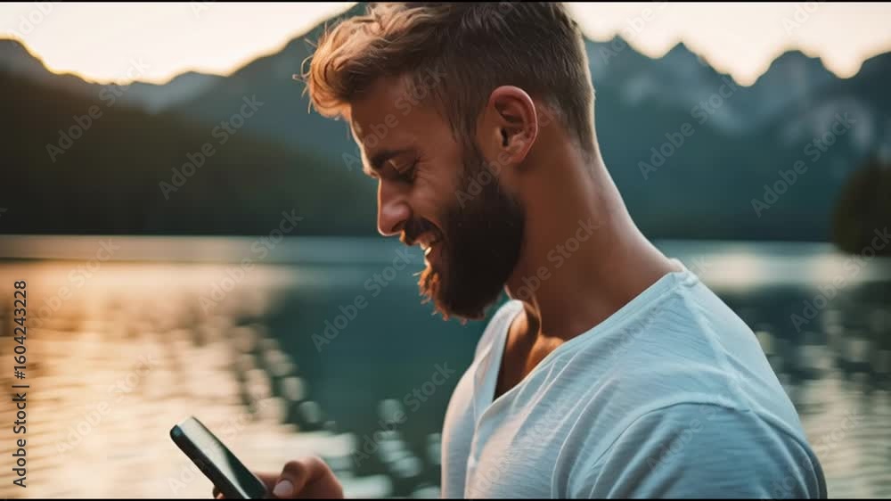Poster man enjoys nature by lake while using smartphone at sunset in mountainous region