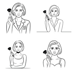 Four Black and White Line Drawings of Women with Makeup Brushes Short Bob Hairstyle Makeup Artist Beauty Icons