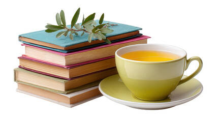 A Cup of Herbal Tea and Books: A flat lay of a cup of herbal tea and a stack of books, isolated on a Transparent background, PNG file.