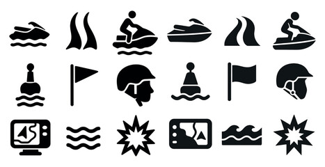 Water sports solid icons set – filled, aquatic, adventure activity symbols