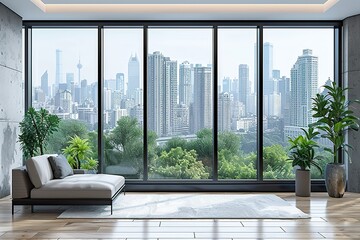 A large modern window frame with sleek black metal and oversized panes of clear glass, offering a panoramic view of a city skyline -