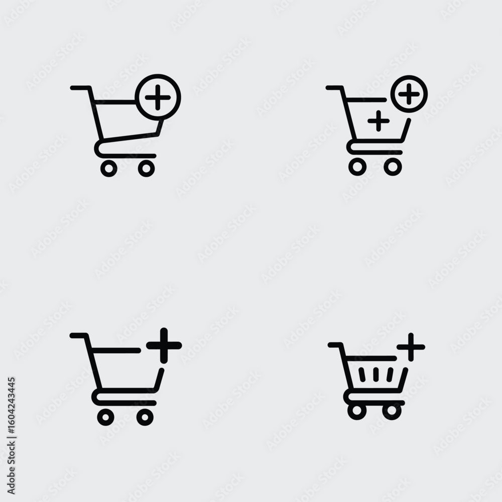 Poster four black line art shopping cart icons plus symbol add item e commerce website mobile app design el