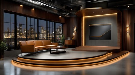 Modern talk show set with city view and warm lighting