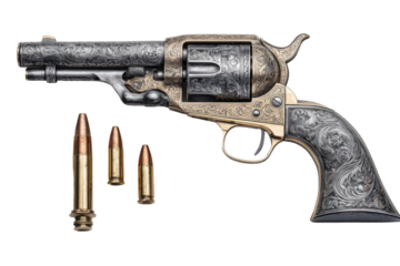 Historical revolver and cartridges studio photography close-up. Isolated on transparent background, png.