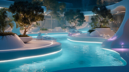 A beautiful modern sci-fi style hotel with neon lighting and a large pool surrounded by planted islands.