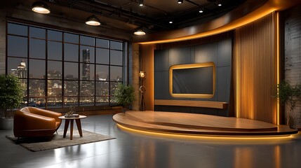 Modern studio set with city view and warm lighting