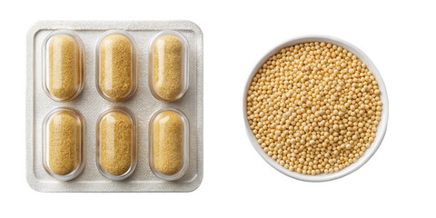 pills in a blister pack and Millet in a bowl isolated on transparent