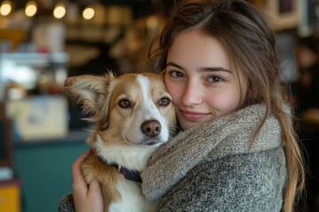 Portrait of a young woman holding her dog in a coffee shop, showing affection toward her pet in a cozy environment, Generative AI