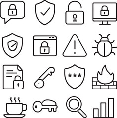 cybersecurity icon set, digital protection symbols, secure system visuals, lock icon pack, shield security icons, browser lock graphic, warning triangle symbol, malware bug icon, encrypted document vi