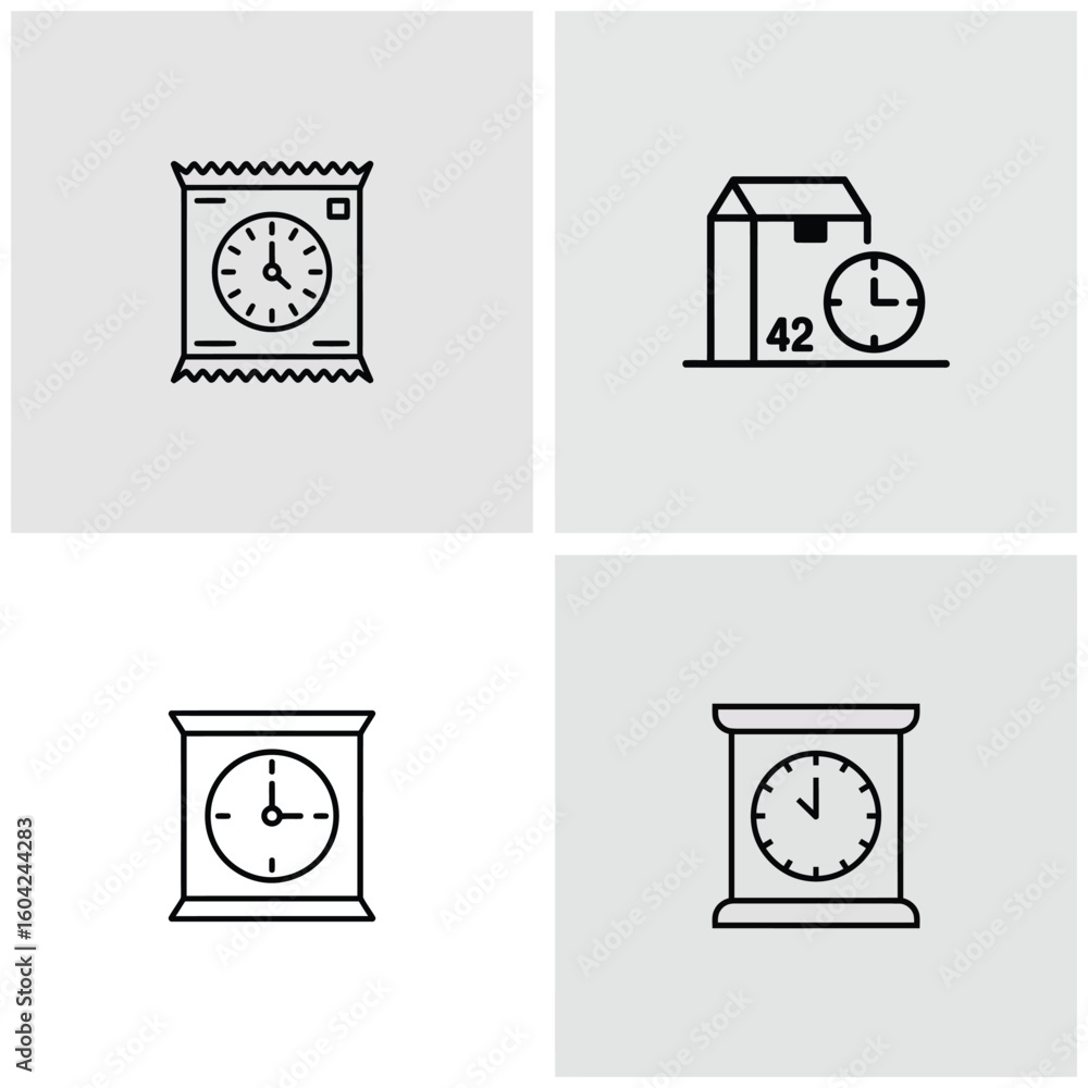 Poster four black line icons depicting time related to packaging delivery and product timelines clock in pa