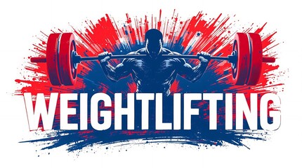 Weightlifting typography with a silhouette of an athlete man lifting a barbell. Art style painting illustration with word ‘WEIGHTLIFTING’ and weightlifter on a grunge background.