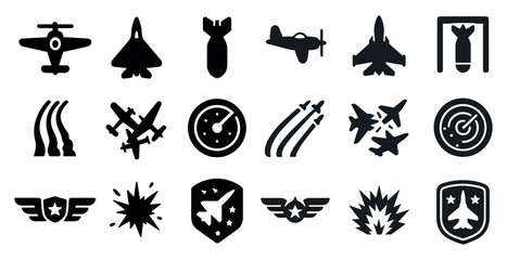 Aviation and military silhouette icons set &ndash; solid, filled, aircraft and radar symbols