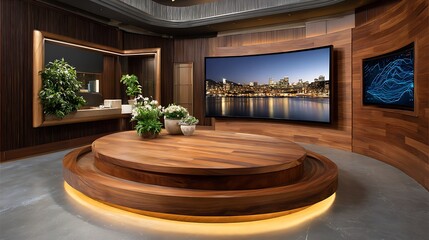 Modern tv studio with curved screen and circular wooden set