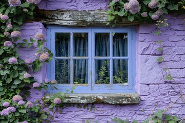 A large wooden window frame painted a soft lavender, surrounded by climbing ivy, in a charming countryside cottage