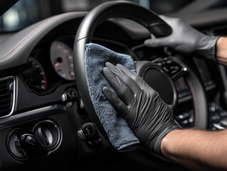 Person cleaning a car interior wiping steering wheel