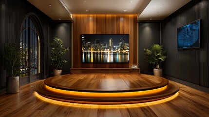 Modern entertainment room with large screen and circular stage