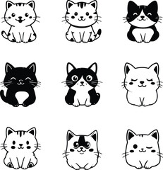 Fototapeta premium Nine cartoon cats in black and white with different expressions and fur patterns sitting down cute
