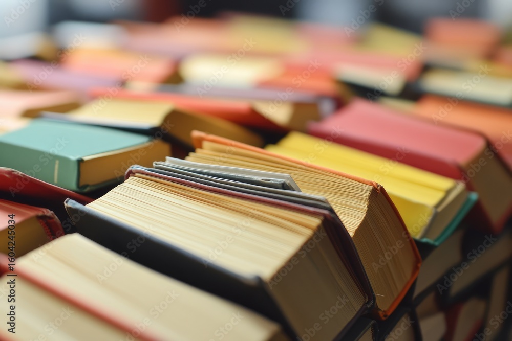 Poster stack of old books with colorful covers and textured pages in soft focus display