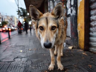 Obraz premium Street dog looking at the camera in a city