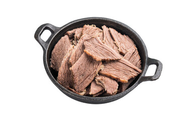 Boiled and sliced beef meat with spices and herbs isolated on white background