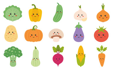 Vegetables set, vector collection of vegetables in cute kawaii style, icon set. Pumpkin, tomato, broccoli, mushroom, zucchini, potato, corn. Green, fresh veggies in childish set.