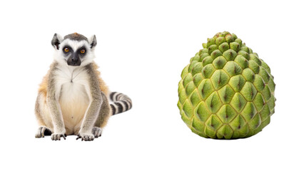 Lemur animal and Custard apple fruit isolated on transparent