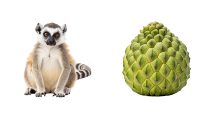 Lemur animal and Custard apple fruit isolated on transparent