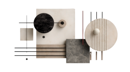 Abstract Minimalist Shapes: A flat lay featuring abstract minimalist shapes like circles, squares, and lines, isolated on a Transparent background, PNG file.