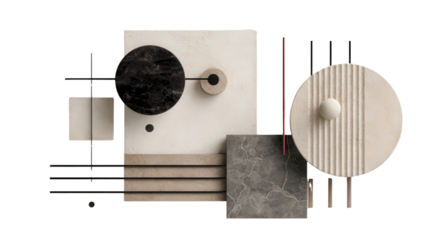 Abstract Minimalist Shapes: A flat lay featuring abstract minimalist shapes like circles, squares, and lines, isolated on a Transparent background, PNG file.