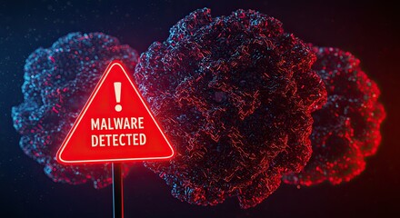 Malware detected warning sign in front of virus