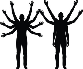 Abstract silhouette with multiple arms, spiritual gesture, meditative pose, divine figure concept, creative human form, black vector illustration, balanced symmetry