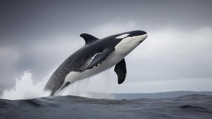 An orca leaps out of the water, creating a splash, against a backdrop of grey clouds at dawn.