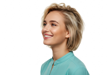 A beautiful young woman with short blonde hair smiles looking up and away in a
