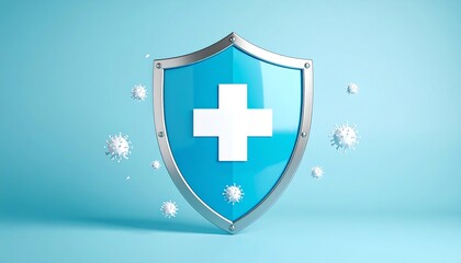 Obraz premium Blue shield with white cross, surrounded by viruses