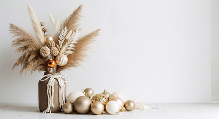 Fototapeta premium Pampas grass with dried flowers and golden ornaments in modern vase arrangement. Neutral home decor with natural textures and warm lighting. Contemporary interior concept