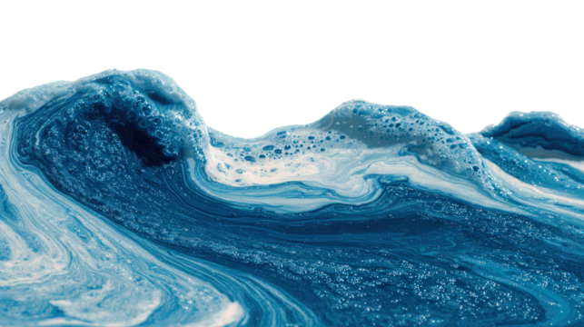 Abstract Ocean Waves: Fluid, abstract ocean waves with varying shades of blue and white froth, isolated on a Transparent background, PNG file.