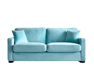 Relaxing blue couch for modern living room indoor furniture design. Isolated on transparent background, png.