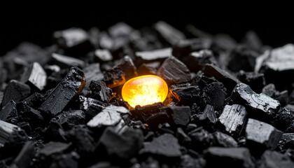 Glowing ember in a pile of ashes, symbol of hidden energy or comeback