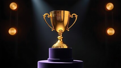 A gleaming gold trophy displayed on a velvet pedestal, highlighted by dramatic studio lighting.