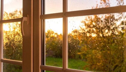 Naklejka premium Window view of autumn sunset through rain-streaked glass