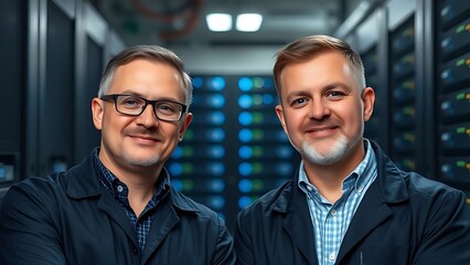 Two technicians working in a data center with server racks softly blurred behind them.