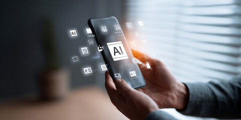 AI assistant on mobile device managing content generation for text, video, music, and image with smart automation, providing convenient access to multimedia tools in digital environment 