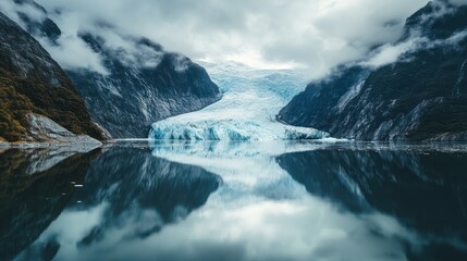 Serene glacial expanse nestled between rugged peaks, reflecting on calm waters